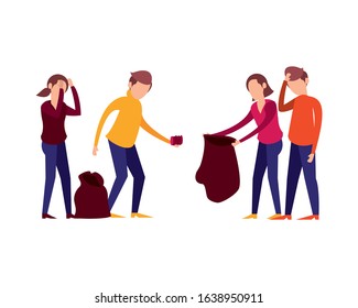 people with plastic garbage bag vector illustration design