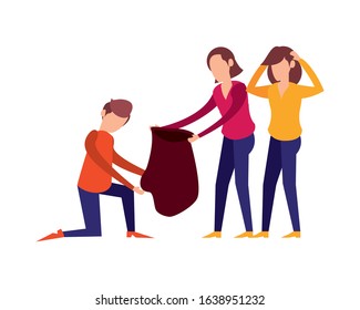 people with plastic garbage bag vector illustration design