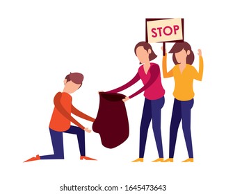 people with plastic garbage bag vector illustration design