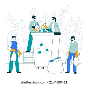 People plastic waste sorting, plastic recycling flat concept. Characters collecting trash into trash can outline flat vector illustration. Garbage sorting