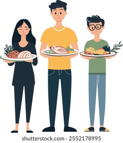 People with plates of food. Vector illustration of three people, each holding a plate of food. Children of different ages with plates of food. illustration of a family photo. A festive treat.