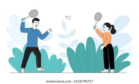 As pessoas jogam badminton. Homem e mulher batem em peteca com raquete. Estilo de vida ativo e esportes em equipe. Amigos passam tempo ao ar livre. Ilustração de vetor linear isolada no plano de fundo branco