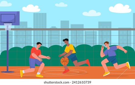 People play basketball concept. Young guys in sports uniform with orange rubber ball. Active lifestyle and sport. Competition and tournament. Poster or banner. Cartoon flat vector illustration