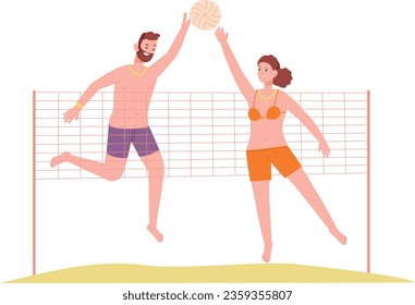 People play beach voleyball. Man win game isolated on white background