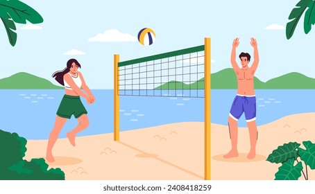 La gente juega al voley-playa. Hombre y mujer con una colorida bola cerca de la red en la costa. La pareja feliz pasa tiempo juntos. Estilo de vida activo y deporte en el complejo. Dibujo vectorial plano de dibujos animados