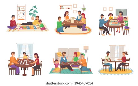 People play board games at home. Happy families play chess and poker, domino and puzzles cartoon scenes, parents and children indoors, collective hobby and activities vector set