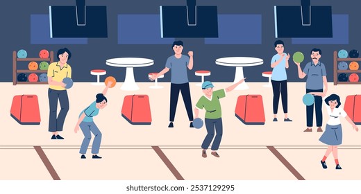 People play bowling. Friends in entertainment center, activity games for family. Men women with balls broke skittles. Game zone recreation recent vector scene