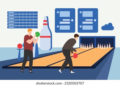 People play bowling game 2d vector illustration concept for banner, website, illustration, landing page, flyer, etc.