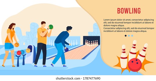 People play bowling game flat vector illustration. Cartoon active friend player characters playing in bowling alley, throw ball hitting, leisure or sport activity competition for gamers team banner