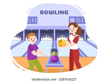People Play Bowling Game Hand Drawn Cartoon Flat Design Illustration with Pins, Balls and Scoreboards in a Sport Club or Activity Competition