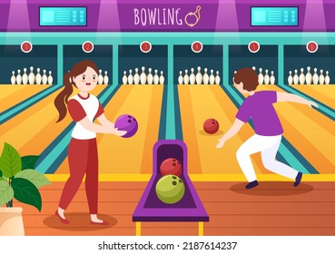 People Play Bowling Game Hand Drawn Cartoon Flat Design Illustration with Pins, Balls and Scoreboards in a Sport Club or Activity Competition