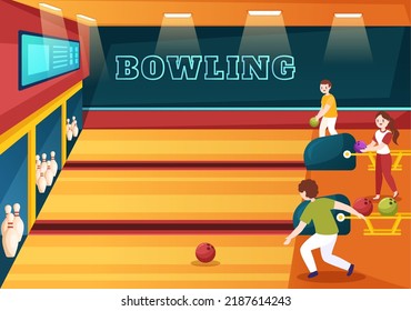 People Play Bowling Game Hand Drawn Cartoon Flat Design Illustration with Pins, Balls and Scoreboards in a Sport Club or Activity Competition