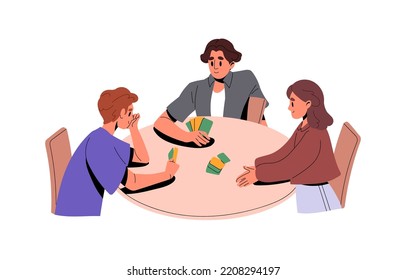 People Play Cards, Board Game, Sitting At Table Together. Happy Friends Players At Boardgame, Poker, Home Leisure Activity. Indoor Entertainment. Flat Vector Illustration Isolated On White Background