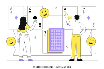 People with play cards line. Gambling and success, fortune and luck. Entertainment, fun and leisure. Man and woman play in casino. Poster or banner. Linear flat vector illustration