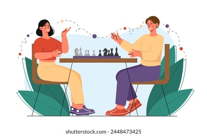 People play chess concept. Man and woman with intellectual games. Strategy and planning. Cultural entertainment and leisure. Tournament and competition. Cartoon flat vector illustration