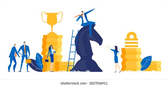 People play with chess figures. Successful business people bankers stand on top stack of coins, working together, looking for new investments, start up. Business concept illustration.