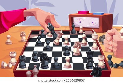 People play chess game on board with white and black piece. Success checkmate strategy on chessboard competition. Logic leisure concept with tournament. Adult player man character hand on table