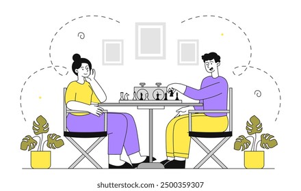 People play chess. Man and woman with chess pieces. Intellectual game, leisure and hobby. Planning and strategy. Competition and tournament. Linear vector illustration isolated on white background