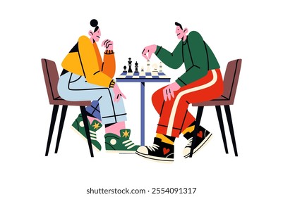 People play chess and chess pieces. Characters are taking part in a chess tournament. Black and white pieces: king, queen, rook, pawn, knight, queen, bishop. Game of logic and strategy. Doodle cartoon