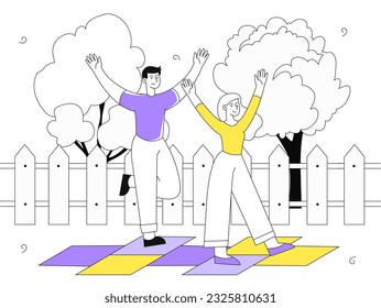 People play in classics game line concept. Man and woman spending time and having fun together. Leisure activities and outdoor games, Hopscotch. Linear flat vector illustration