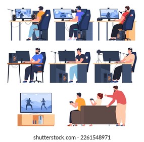 People play computer games. Cybersportsen is training. Game streamers broadcast their games on the Internet. Vector illustration