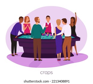 People Play Craps Game. Casino, Gaming House Flat Vector Illustration. Multinational People. Cheerful Men And Happy Woman In Dress Characters. Casino Interior Decor. Gambling Industry. For Design