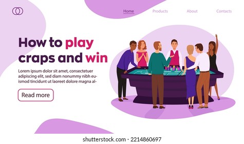 People Play Craps Game Web Banner. Casino, Gaming House Flat Vector Illustration. Happy People Characters. Casino Interior Decor. Gambling Industry. For Design Casino Web Sites.