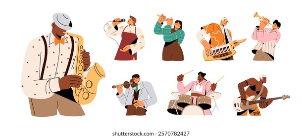 People play different music instruments set. Musicians with saxophone, guitar, drum, violin, flute. Jazz players and singers perform in concert. Flat isolated vector illustrations on white background