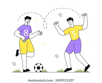 People play football simple. Two men kick ball at sports field and pitch. Active lifestyle and leisure. Competitions and tournament. Linear flat vector illustration isolated on white background
