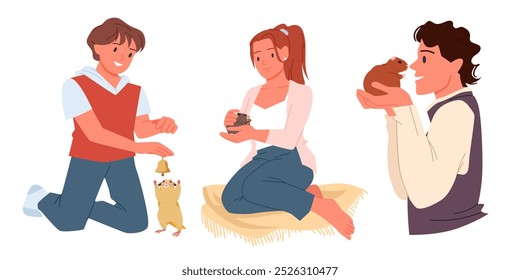 People play with funny hamster together set. Boy and girl playing with cute fat pet at home, man holding adopted little animal in hands with happy smile, love and care cartoon vector illustration