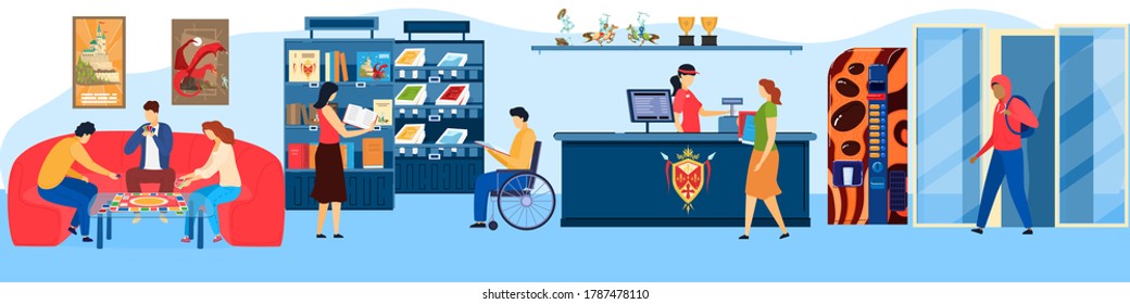 People play games activity flat vector illustration. Cartoon man woman player friend characters have fun together, playing board card game, reading and buying books in cafe shop interior background