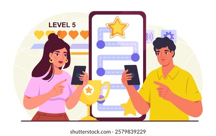 People play games. Man and woman near smartphone with map and inscription level 1. Fun and entertainment. eSports, cybersport, tournament and competitions. Flat vector illustration