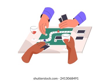 People play generic boardgame. Fun dice board game for negotiation, management skills. Wine glasses in hands. Evening home entertainment. Flat isolated vector illustration on white background.