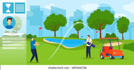 People play golf vector illustration. Cartoon flat active golfer gamer characters playing golf game in green grass field, sportsman player hits ball with golf club, sport outdoor activity background