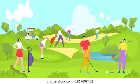 People play golf, young golfer, interesting active sport, men's club, fashionable lifestyle, cartoon style vector illustration. Useful leisure, field with green lawn grass, men and women play golf.