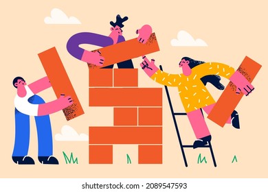 People play huge game together. Smiling employees or workers involved in risky company project or strategy development. Entertainment, teamwork, teambuilding. Flat vector illustration. 