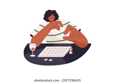 People play intelligence boardgame, brain board game. Woman makes words from letters, solves crossword. Home entertainment, leisure time. Flat isolated vector illustration on white background