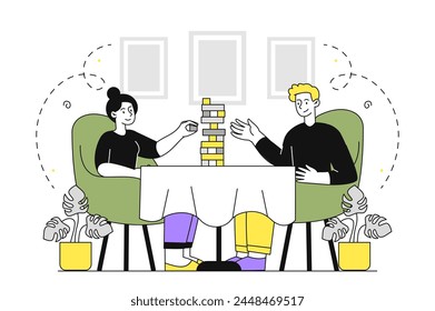 People play Jenga linear. Friends take wooden sticks from tower. Tabe games for leisure. Man and woman with board games at home. Doodle flat vector illustration isolated on white background