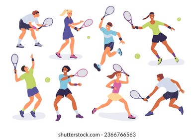 People play lawn tennis. Professional athletes with rackets in hands. Guys and girls submit or hit balls. Sportsman at match court. Sport competition and hobby game