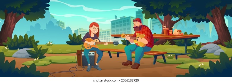 People play music in city park. Musicians with acoustic and electric guitars perform outdoor. Vector cartoon landscape of summer public garden with wooden picnic table and benches