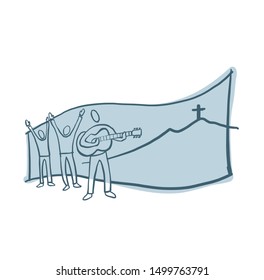People play music, guitars, piano.