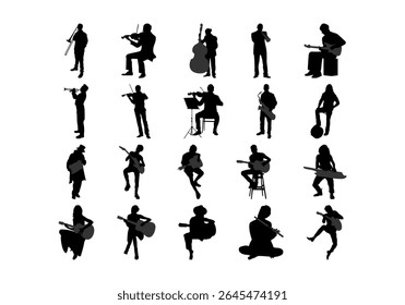 People Play Music Instrument Silhouette Element