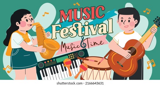 People Play Music Instruments, Music Festival Poster, Vector, Illustration