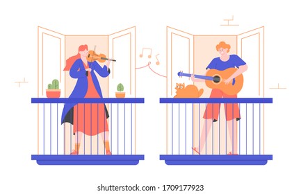 People play musical instruments on their balconies. Girl violinist and guy guitar player. Entertainment at home, a concert for neighbors, free live performance. Vector flat modern illustration.