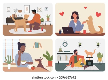 People play with pets at home set vector illustration. Cartoon man woman characters playing with cats and dogs, feeding doggy, holding kitten by paws. Care and love for pets concept isolated on white