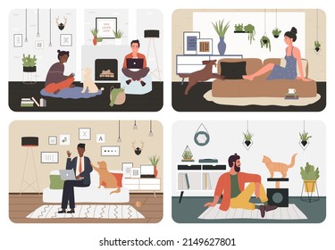 People Play With Pets Set Vector Illustration. Cartoon Man Working Online On Laptop In Home Office, Playing With Dog, Hipster Sitting On Carpet With Cat, Dog Jumping On Couch To Girl Isolated On White