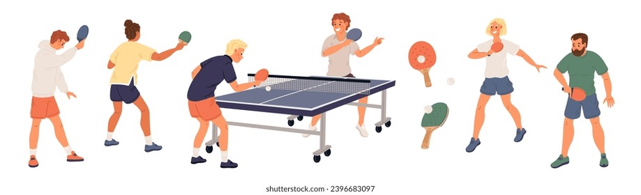 People play ping pong. Table tennis. Professional athletes with rackets in different poses. Persons in sports outfit. Players hit ball with racquets. Sportsman match