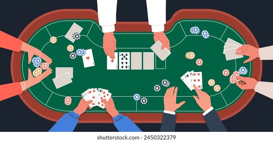 People play poker. Top view human hands with cards, casino gambling, bets and chips, game process, Vegas poker table with dealer, cartoon flat style isolated nowaday vector concept