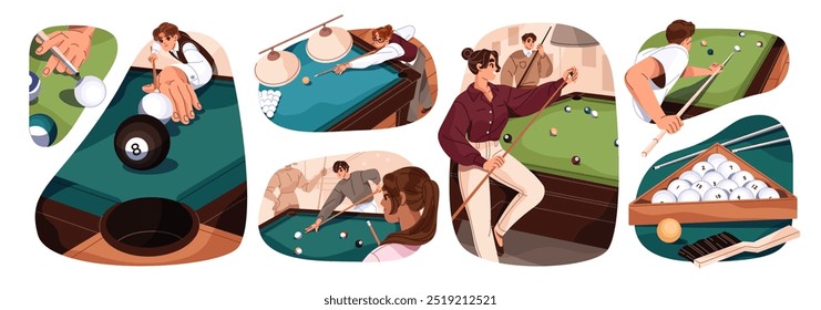 People play pool at billiard table set. Snooker player aims at ball to hit into pocket. Men and women have fun, do cue sport game in leisure. Flat isolated vector illustrations on white background