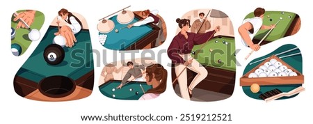 People play pool at billiard table set. Snooker player aims at ball to hit into pocket. Men and women have fun, do cue sport game in leisure. Flat isolated vector illustrations on white background